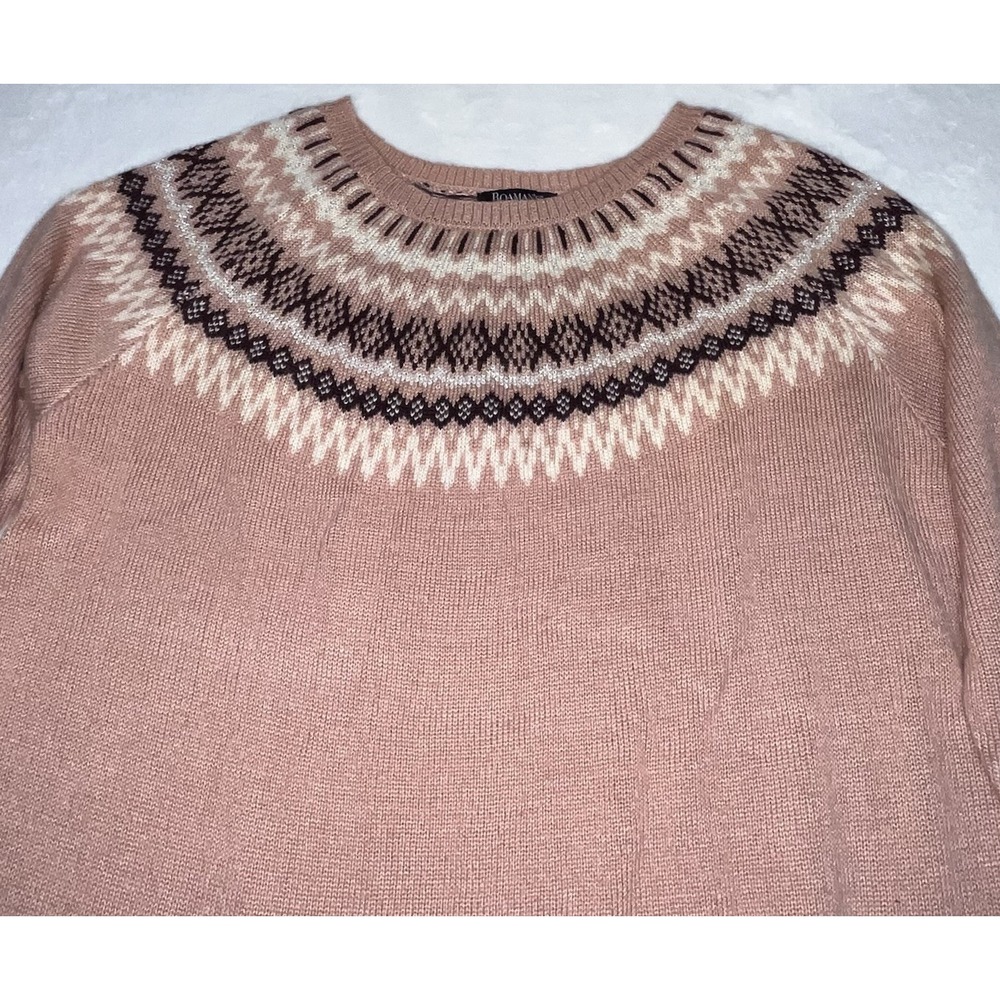 Roaman's Sweater Size LARGE 18/20 Pink Fair Isle Pullover Scoop Neck Peach Color